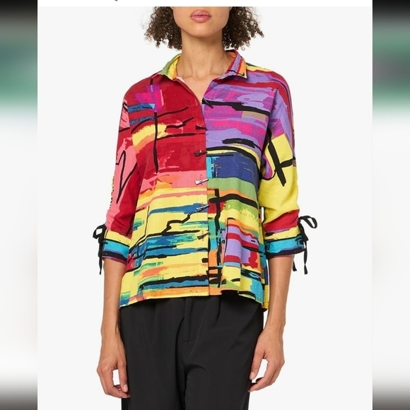 Ali Miles Abstract Print Button Down Linen Blend Top - Picture 1 of 8